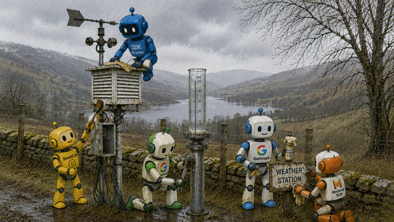 An illustration of AIs repairing a weather station